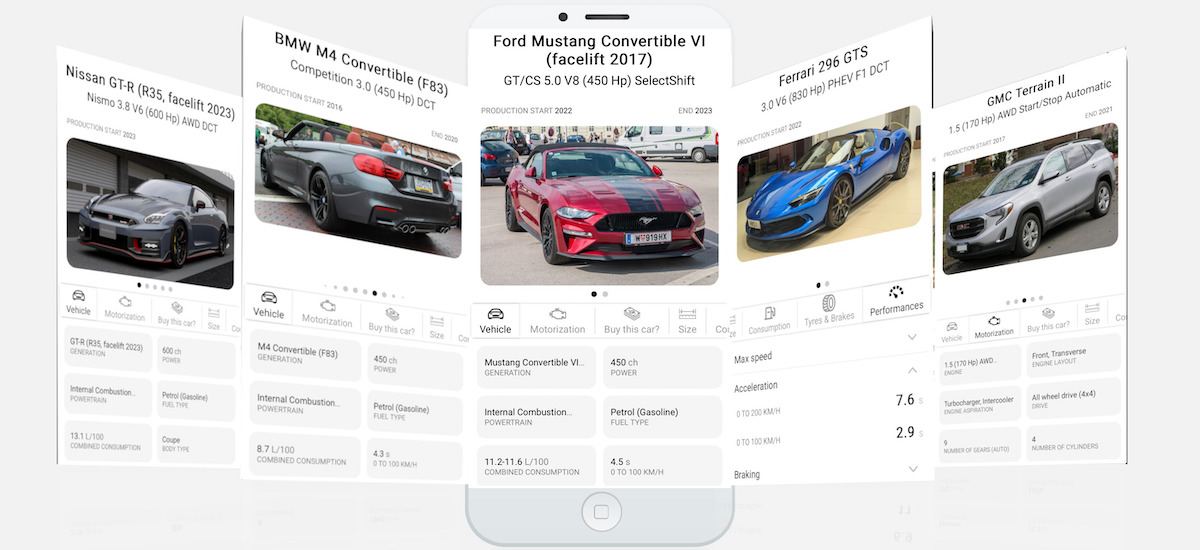 Specification sheets for several vehicles in the Bolid app